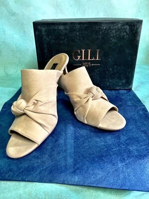 G.I.L.I. GI-KADIE Powder Nude Suede 9.5M Mid Heel Pump Open Toe Slide Shoe NIB - Image 1 of 4