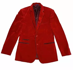 VINCI Men's Red Velvet 2 Button Slim Fit Blazer w/ Leather Trim Mens Sz S Small - Picture 1 of 10