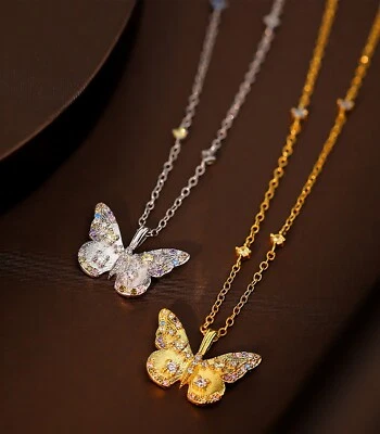 Butterfly Pendent Solid 925 Sterling Silver CZ Satellite Choker Necklace A2973 - Image 1 of 4