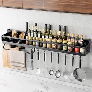 Hanging Spice Rack Wall Mount Kitchen Storage Shelf w/ Hooks for Seasoning Spoon - Picture 1 of 11