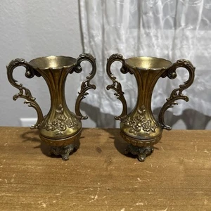 VINTAGE ITALIAN BRASS VASES Pair of Small Ornate Two Handed Vases 4 5/8" Tall - Picture 1 of 6