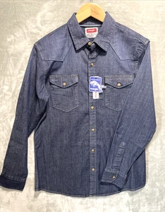 Wrangler Mens Pearl Snap Denim Stretch Long Sleeve Shirt M Cotton Blend Western - Picture 1 of 11