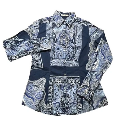 Camisa feminina Etro com botões média/48 azul barroca paisley LS moderna Itália - Imagem 1 de 4