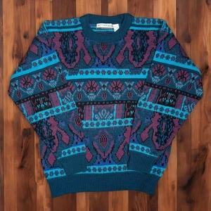 Vintage Saturdays Mens Grandpacore Knit Sweater Teal Purple Pattern 90s Hipster - Picture 1 of 5