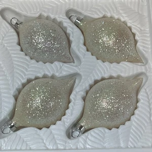 4 VTG German Blown Glass White Glitter Teardrop Christmas Ornaments Tradition - Picture 1 of 7