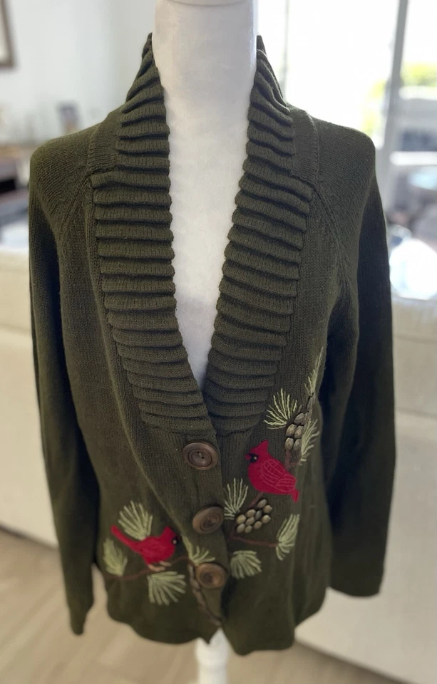 Vintage Norm Thompson Chunky Knit Cardigan Cardinal Bird Christmas Holiday Sz. L - Image 1 of 4
