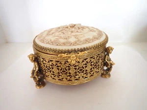 Vintage Schmuck Klappschatulle Gold filigran Keramik Deckel mit Cherubs erhaben Relief - Bild 1 von 7
