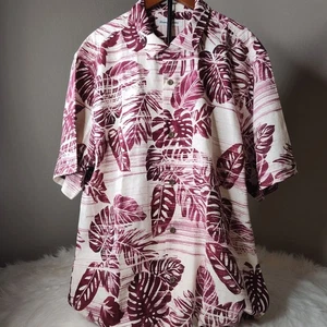 TOMMY BAHAMA 100% Silk Hawaiian Camp Shirt Men's Med Burgundy Red Tropical Leave - Picture 1 of 7