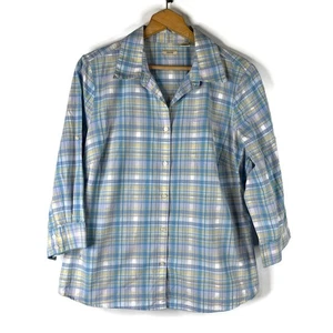Izod Womens Button Up Shirt Top Size 1X Blue Plaid Collared 3/4 Sleeve Cotton - Picture 1 of 10