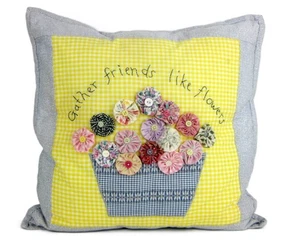 Vintage Handmade Patchwork Throw Pillow GATHER FRIENDS LIKE FLOWERS Gingham - Picture 1 of 6