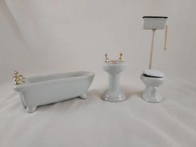 Vtg Shackman Miniature Dollhouse White Porcelain Sink Bathtub Toilet w High Tank - Image 1 of 4