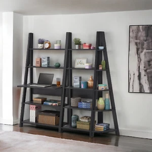 Escritorio de computadora de esquina con estantes negro escalera de oficina en casa librería estación de trabajo - Imagen 1 de 15