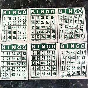 Vintage Lot of 6 Cardboard Bingo Cards Green White Scrapbooking Vignettes