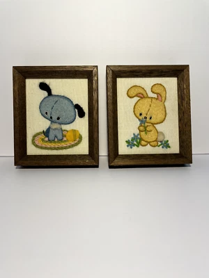 Vintage Crewel Needlepoint Baby Nursery Puppy Bunny Blue Yellow 1978 5"x6" - Image 1 of 4