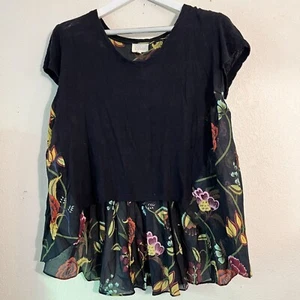 Deletta Womens Black Floral Short Sleeve Sheer Overlay Top Small Linen Blend - Picture 1 of 10