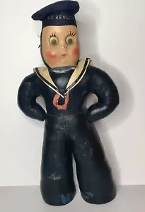 Vtg RARE Freundlich? Googlie Eyed Sailor Doll SS Revlon Hat Leather Body 18” H - Picture 1 of 12