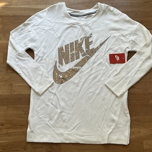 Nike Womens Long Sleeve Shirt Top Tunic Womens Small S Gold Metallic Logo NEW - Picture 1 of 6