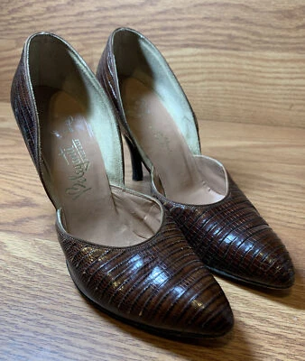 1950s Vtg Beleganti Brown genuine Alligator Lizzaro Leather Stiletto Heels Shoes - Image 1 of 4