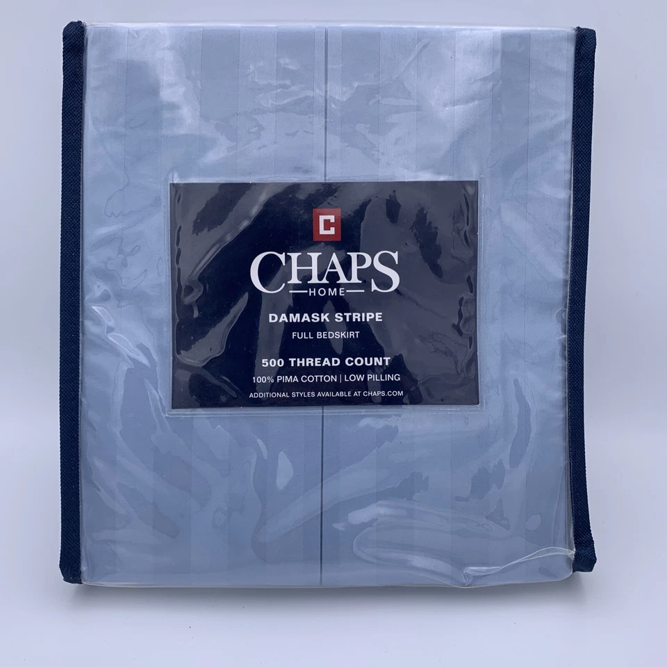 Chaps Damask Stripe Full Bedskirt Blue 15" drop Pima Cotton 500 Thread Count - Image 1 of 3