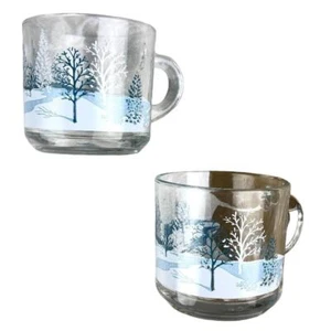 Vintage 1970's Anchor Hocking Blue White Winter Tree Glass Coffee Tea Mugs Cups - Picture 1 of 10