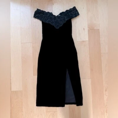 Vintage 80s womens Black Velvet Prom dress Embroidered Sequins Vamp Witchy - Image 1 of 4