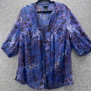 Maggie Barnes Womans Blouse Size 1X Dark Romantic Sheer Floral Print Button Down - Picture 1 of 14