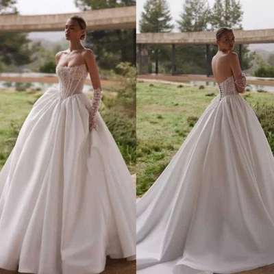 Elfenbein Ballkleid Brautkleid Chiffon Kapellenschleppe Ärmellos Tüll Spitze - Bild 1 von 4