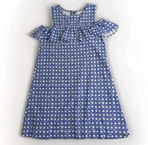 Vineyard Vines Girls Blue White Pattern Cold Shoulder Dress Logo Cotton Sz L 14 - Picture 1 of 7