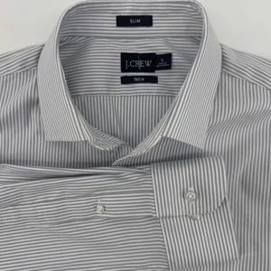 J. Crew Mens Slim Tech Dress Shirt Gray White Striped Long Sleeve Large L - Picture 1 of 10