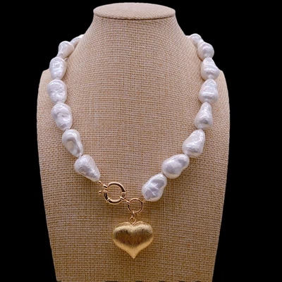 White Sea Shell Baroque Necklace Brushed Heart Pendant - Image 1 of 4