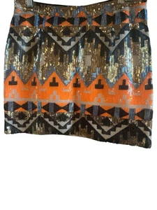 Navie Women’s Medium Sequin Geometric Mini Skirt Orange Black Disco Night Out - Picture 1 of 8
