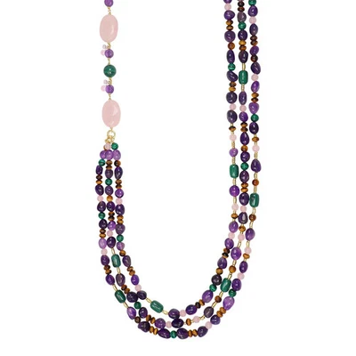 Collana a tre fili Nivy argento 925, quarzo rosa, ametista e malachite CARP09... - Immagine 1 di 3