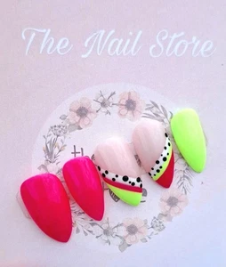 Lime Green & Pink Abstract Spot Gel Press On Nails / False Nails - Picture 1 of 4