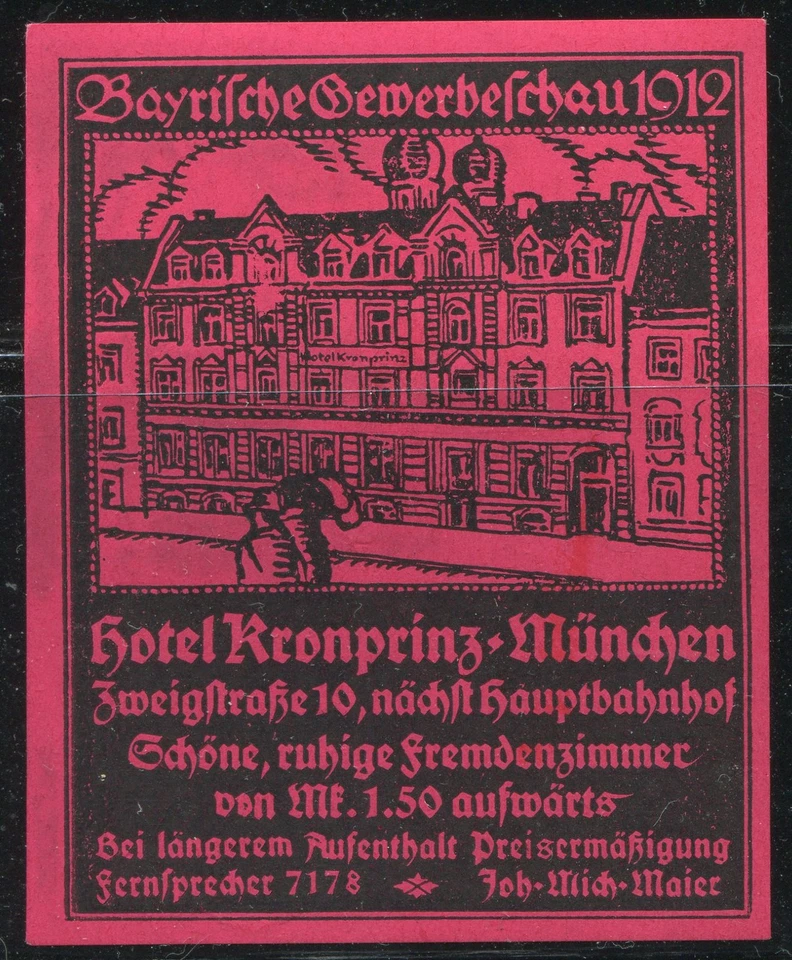 Germany Munich 1912 Hotel Kronprinz Bavarian Industrial Exhibition Ad Label - Image 1 of 1