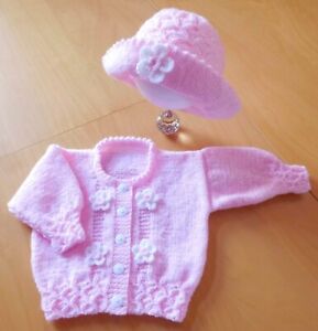 Hand Knitted Baby Cardigan and Hat Set with Crochet Flowers - Pink - 3-6mths