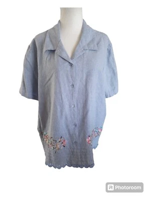 Blusa Blair Mujer Lino Talla XL Azul Abotonada Denim Bordada Floral Playa Foto 1 de 4
