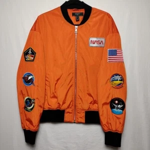Forever 21 Jacket Orange Nasa Jacket Flight Bomber Patches Mens Size L - Picture 1 of 8