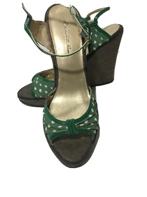 Charlotte Russe Ankle Strap Cork Wedge Platform Sandals SZ 10 Green Polka Dot - Image 1 of 4