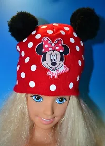 Disney Minnie Mouse Winter Hat Childs ~ Red white Polka Dots 2 Black Puff Ears - Picture 1 of 12