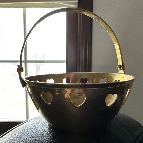 Vintage Brass Basket Metal Handle Cut-Out Heart Design Cover