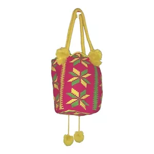 Hobo Hippie Pom Pom Drawstring Bucket Bag Vibrant Geometric Woven Braid Shoulder - Picture 1 of 8