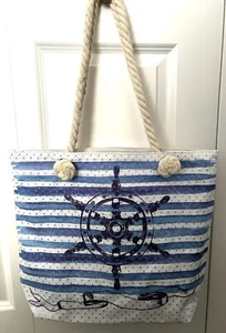 Beach Tote Nautical Rope Straps Lightweight TRAVEL FUN! Blue - Picture 1 of 7