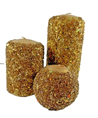 Juego de 3 velas redondas/pilar de Navidad dorado brillante de colección Estate años 80 ¡SIN USAR! Foto 1 de 4