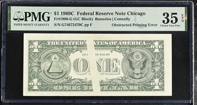 1969C $1 FR #1906-G Federal Note Obstructed Printing Error PMG 35 Choice VF EPQ - Image 1 of 2