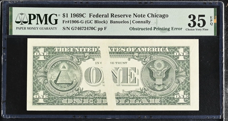 1969C $1 FR #1906-G Federal Note Obstructed Printing Error PMG 35 Choice VF EPQ - Image 1 of 2