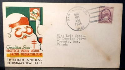 1936 CHRISTMAS SEALS COVER - Santa Claus, Indiana postmark ~ RED CROSS Sticker - Image 1 of 4