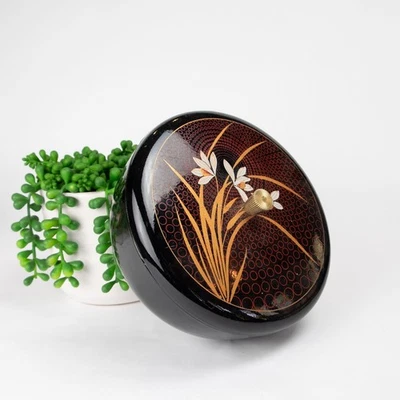 Fiambrera Bento con tapa de laca de resina japonesa de colección redonda orquídea blanca roja dorada Foto 1 de 4