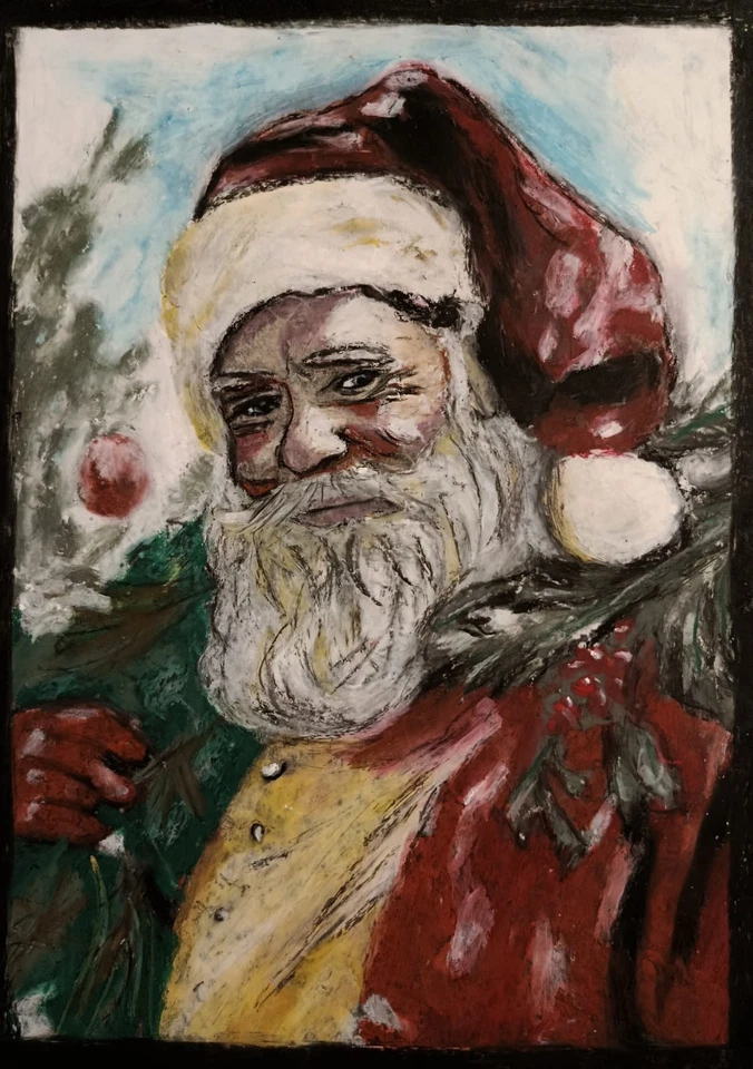 Santa Portrait Gemälde Papier A4 Ölpastell Kunst, Oil Pastel  Art Paper A4 - Bild 1 von 1