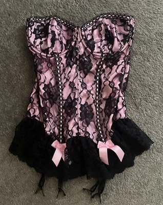 ВИНТАЖНЫЙ FREDRICKS OF HOLLYWOOD бюстье корсет розовый/черный кружева банты 38 Бесплатная доставка - Изображение 1 из 4