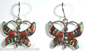 925 Sterling Silver Butterfly Earrings w/ Spiny Oyster Shell & Fire Opal Inlay - Picture 1 of 2